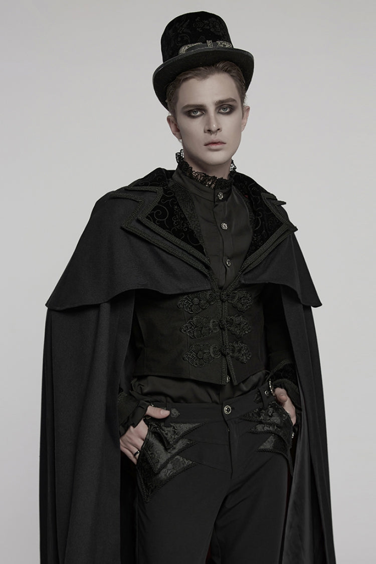 Black Stand Collar Long Sleeves Embroidery Men's Gothic Frog Witchy Coat