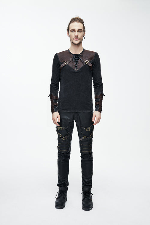 Brown Long Sleeves Designer Mens Punk T-Shirt