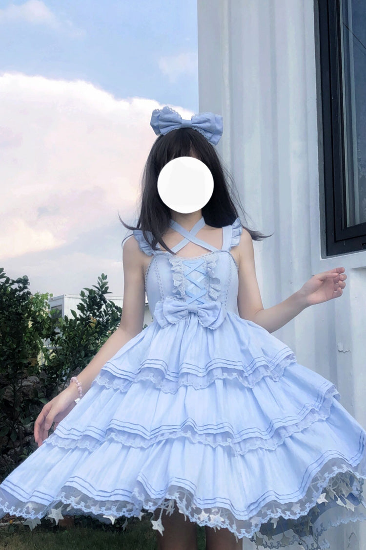 Blue First Love Triple-Layered Ruffle Bowknot Lace Sweet Lolita Jsk Dress