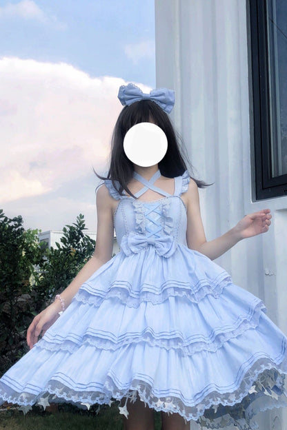 Blue First Love Triple-Layered Ruffle Bowknot Lace Sweet Lolita Jsk Dress
