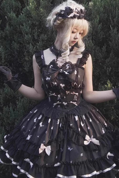 Black [Eros Kiss] Sleeveless Double-Layered Print Ruffle Bowknot Gothic Elegant Lolita Jsk Dress