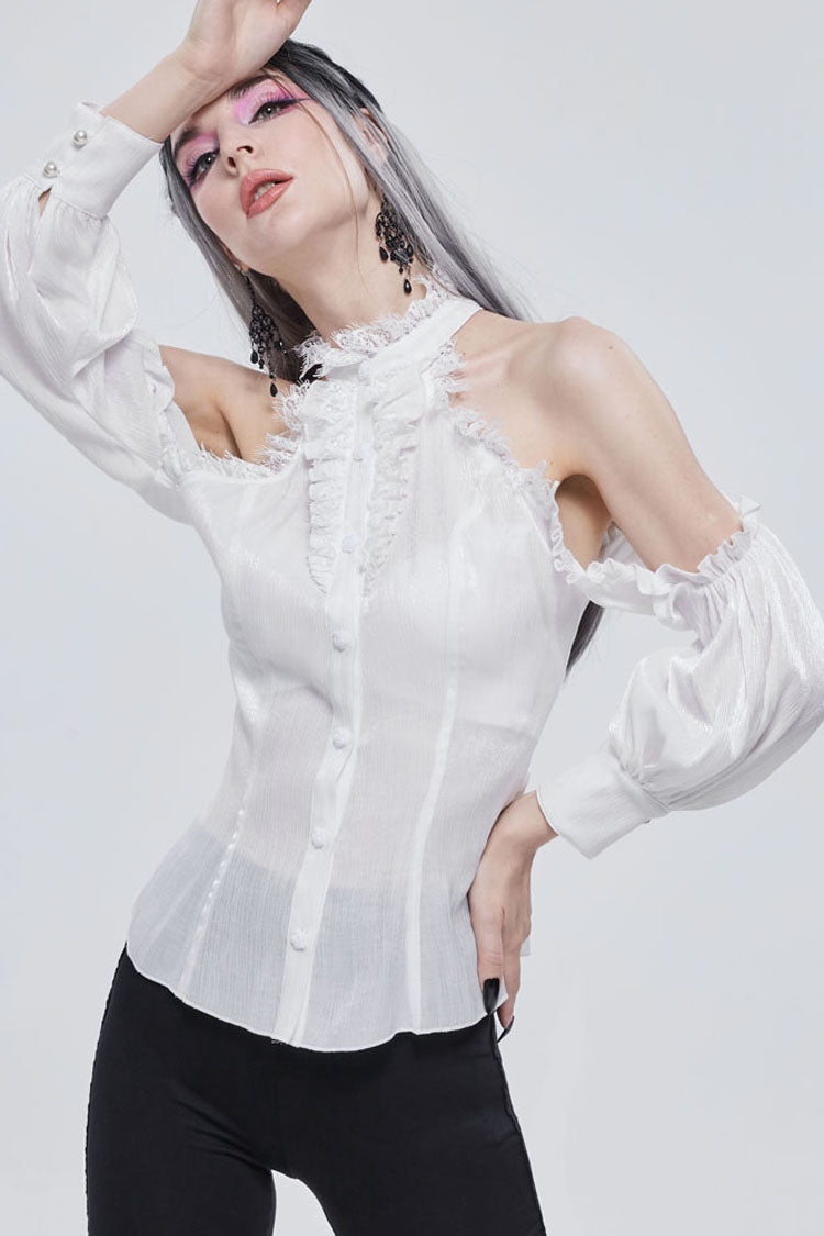 White Gothic Off-The-Shoulder Halter Lace Ruffled Lantern Sleeves Women's Shirt