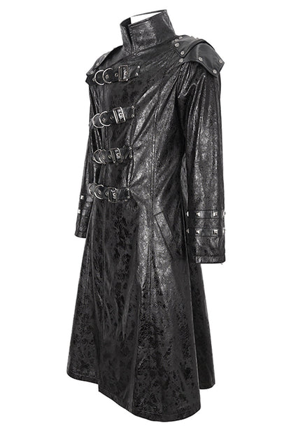 Black Stand Collar Multi Buckle Faux Long Leather Men's Punk Coat