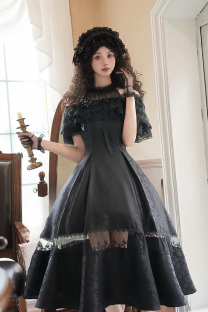 Black [Flowers in the Mist] Off Shoulder Halterneck Print Ruffle Gothic Elegant Lolita Dress