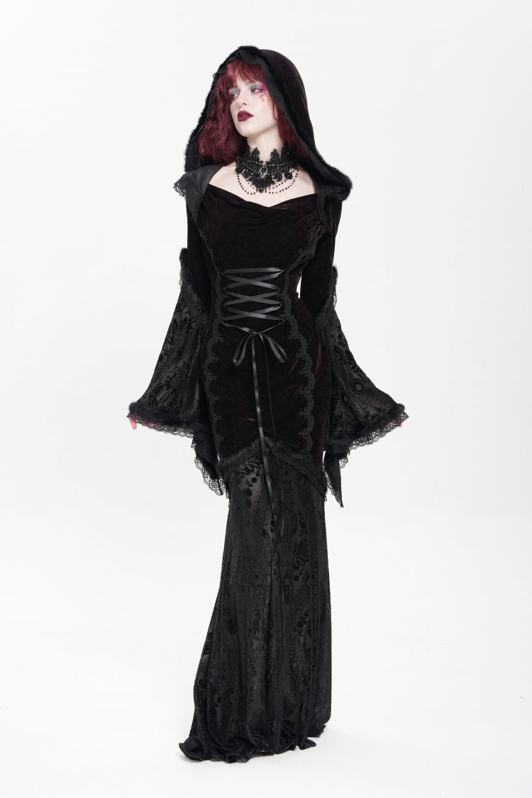 Black/Red Long Trumpet Sleeves Embroidery Stitching Lace Hooded Mesh Women's Gothic Dress