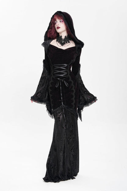 Black/Red Long Trumpet Sleeves Embroidery Stitching Lace Hooded Mesh Women's Gothic Dress