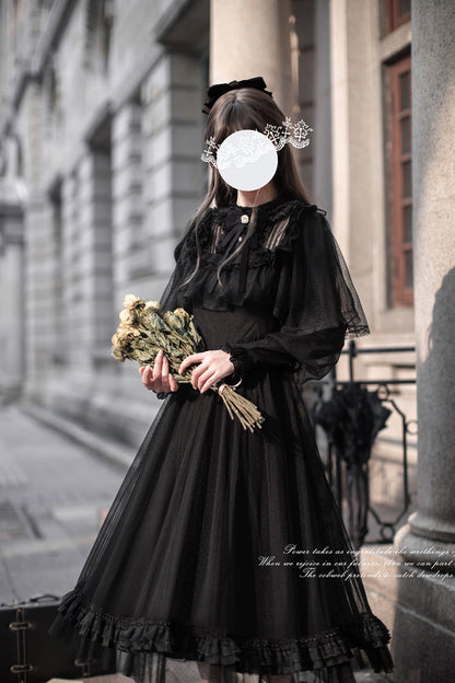 Black [Enchanted Nightdream] Long Sleeves Bowknot Lace Gothic Elegant Lolita Dress