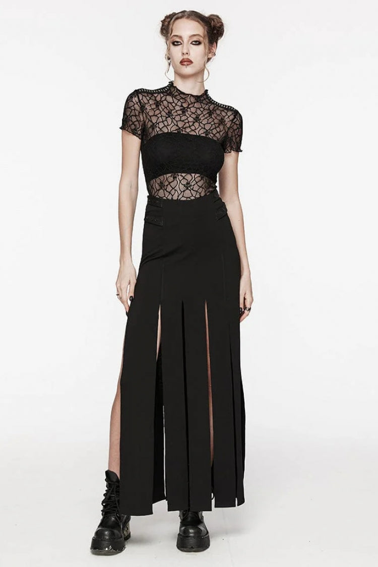 Black Round Collar Short Sleeves Hollow Mesh Women's Gothic Top