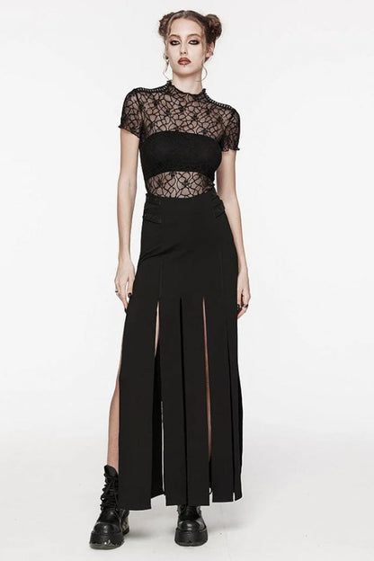 Black Round Collar Short Sleeves Hollow Mesh Women's Gothic Top