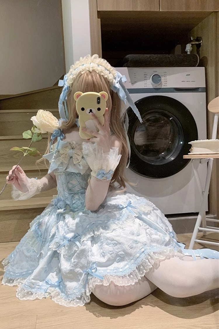 Blue [Floral Overture] Double-Layered Ruffle Embroidery Bowknot Lace Sweet Lolita Jsk Dress
