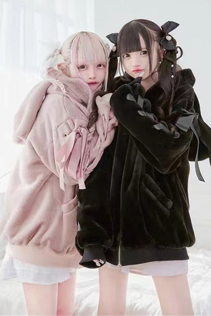 Black Rabbit Ears Long Sleeves Bowknot Lace-Up Hooded Jirai Kei Coat