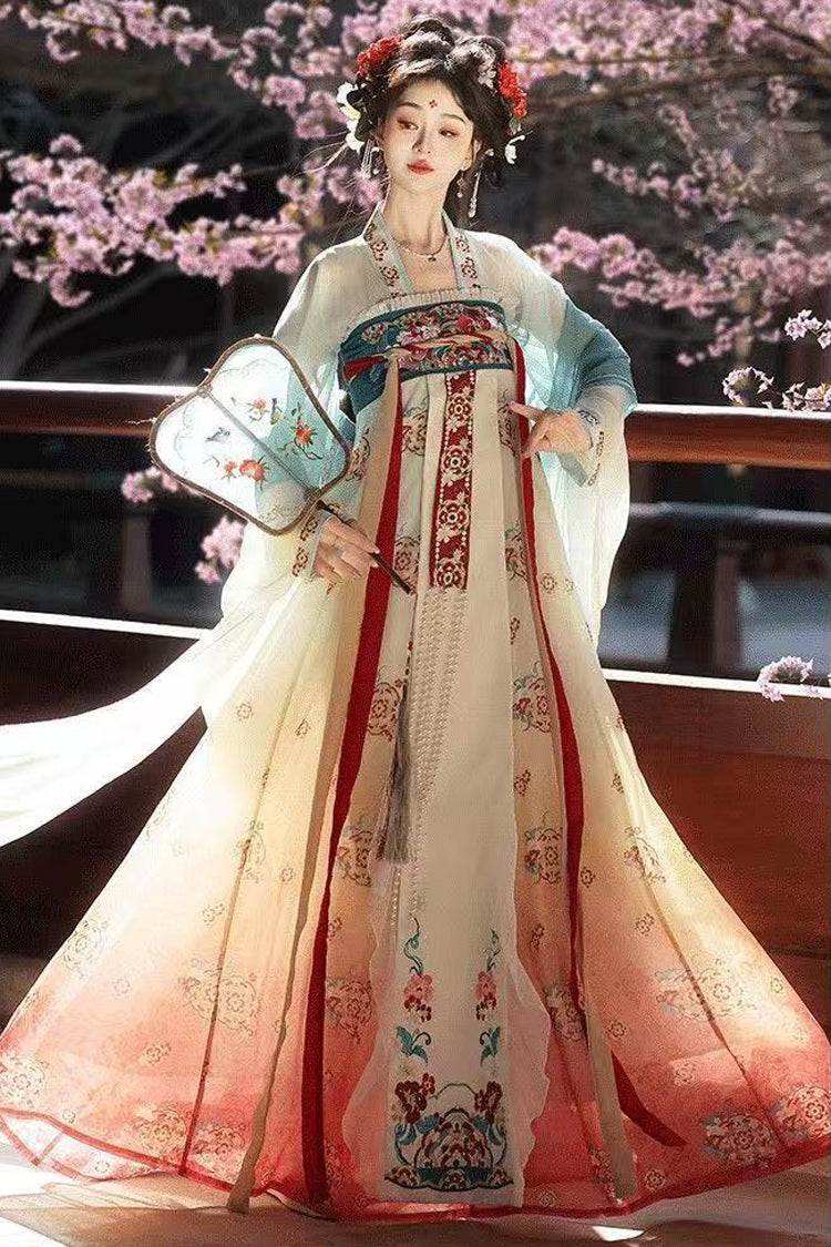 Blue/Pink High Waisted Print Embroidery Women's Classic Hanfu Dress Full Set