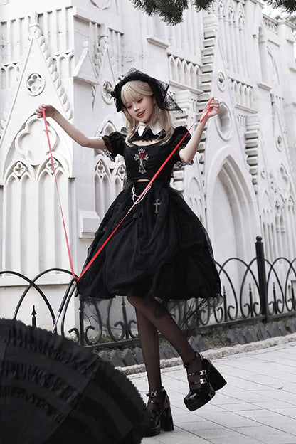 Black Rose Embroidered Cutout Top Irregular Short Sleeves Gothic Lolita Dress Set