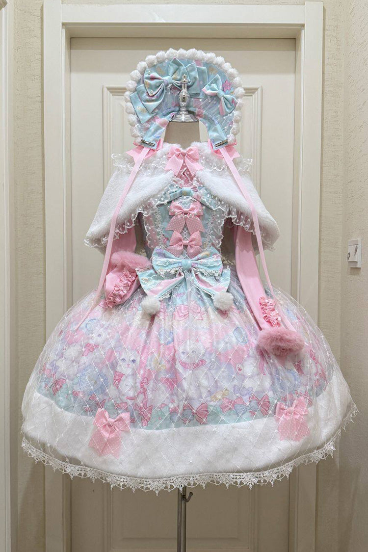 Green/Pink [Candy Mary Cat] Printed Ruffled Embroidered Bow Lace Sweet Lolita Jsk Dress