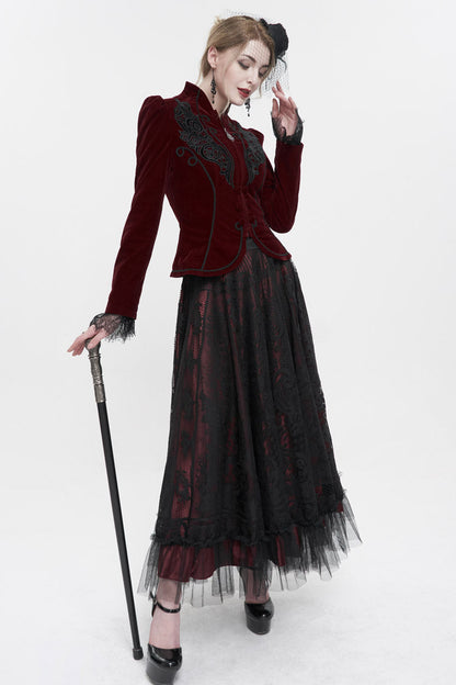 Red Stand Collar Velvet Applique On Chest Pendant Zipper Long Sleeve Women's Gothic Jacket