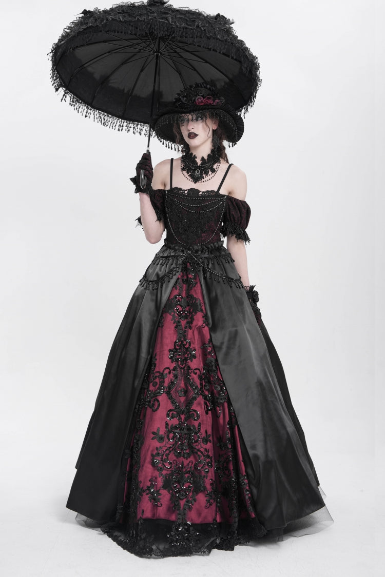 Black/Red Off Shoulder Embroidery Stitching Lace Women's Gothic Dress