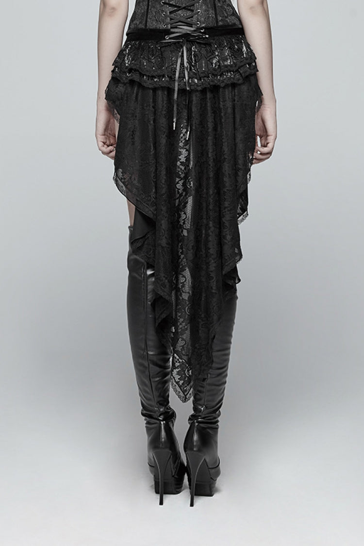 Black Ruffle Lace Lace-Up Women's Gothic Shorts with Long Train
