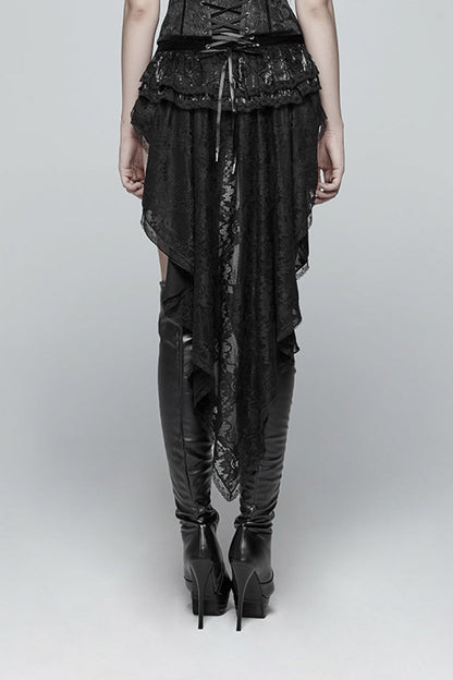 Black Ruffle Lace Lace-Up Women's Gothic Shorts with Long Train