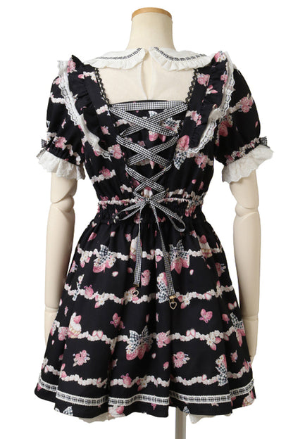 Black [Creamy Berry] Print Short Puff Sleeves Ruffle Bowknot Lace-Up Sweet Jirai Kei Japanese Dress