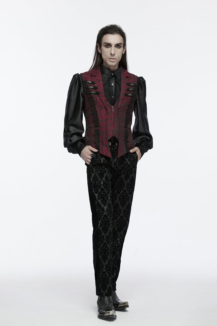 Red Sleeveless Jacquard Buckle Zip Men's Gothic Waistcoat