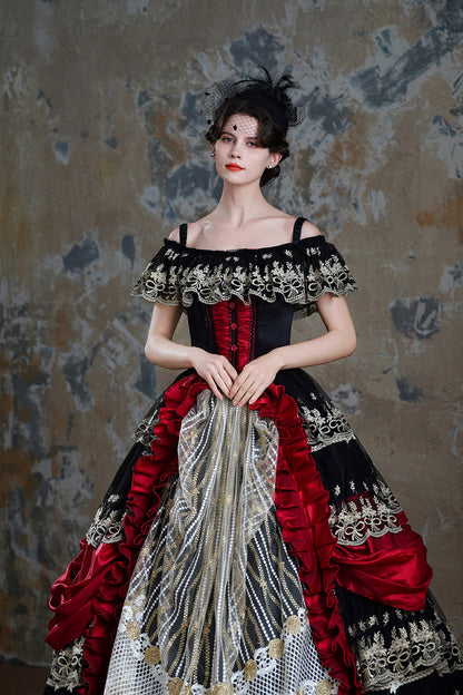 Black/Red Off Shoulder Short Sleeves Multi-Layered Ruffled Open-Front Mesh Gothic Vintage Palace Lolita Victorian Dress