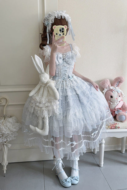Blue [Eternal Vow] Sleeveless Multi-Layered Ruffle Hanayome Bowknot Lace Lace-Up Sweet Lolita Jsk Dress