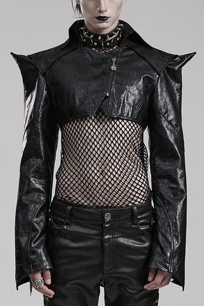 Black Stand Collar Zipper Faux Leather Sharp Shoulders Mens Steampunk Short Coat