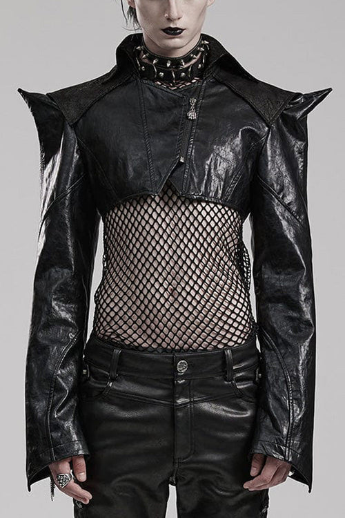 Black Stand Collar Zipper Faux Leather Sharp Shoulders Mens Steampunk Short Coat