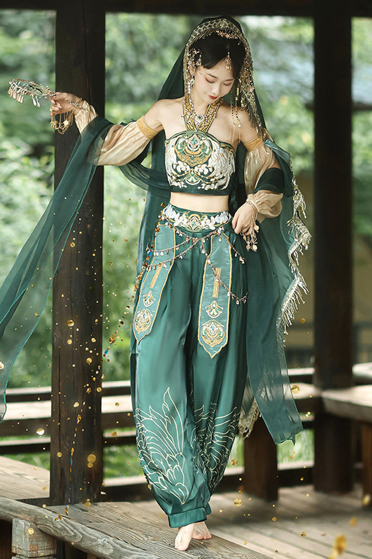 Green [Princess Of The Guo Huang Flying Apsaras] Halterneck High Waisted Printed Embroidered Women's Gorgeous Hanfu Pants Set