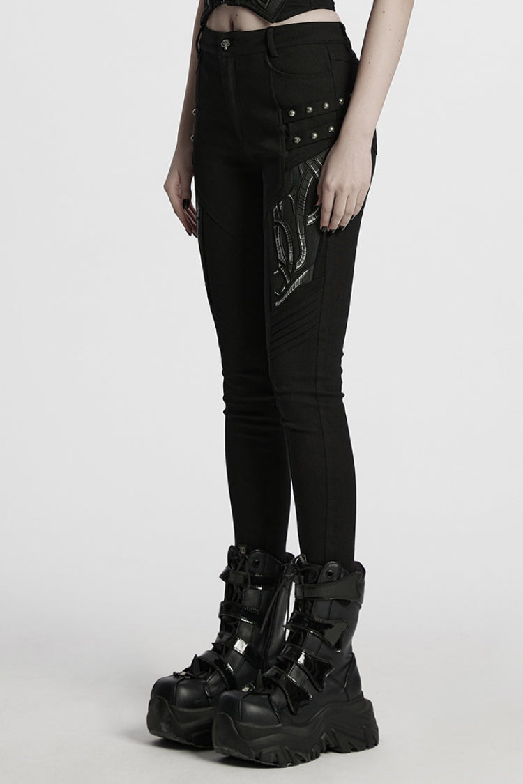 Black Studded Pleated Women's Punk Leggings