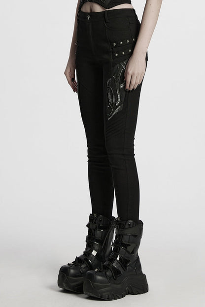 Black Studded Pleated Women's Punk Leggings