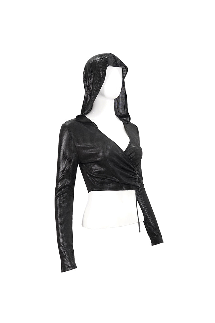 Black Shiny Vertical Grain Texture Tied Rope Decoration Hooded Short Women's Punk T-Shirt
