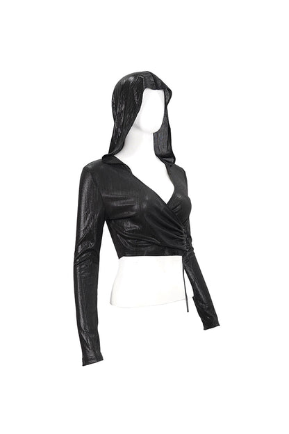 Black Shiny Vertical Grain Texture Tied Rope Decoration Hooded Short Women's Punk T-Shirt