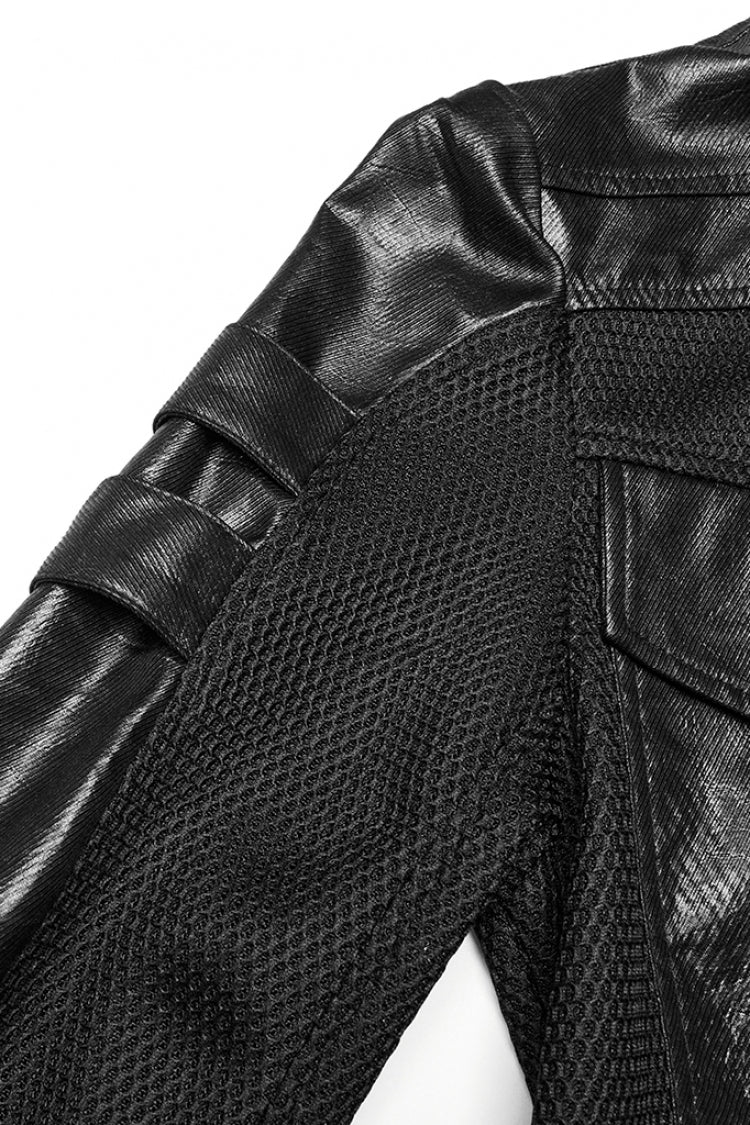Black Stand Collar Long Sleeves Faux Leather Stitching Mesh Men's Punk Coat