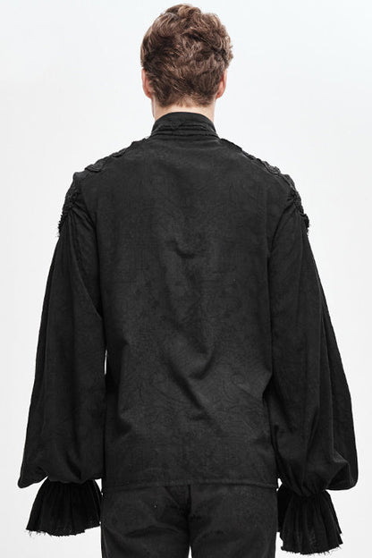 Black Straight Collar Puff Sleeve  Jacquard Mens Punk Blouse