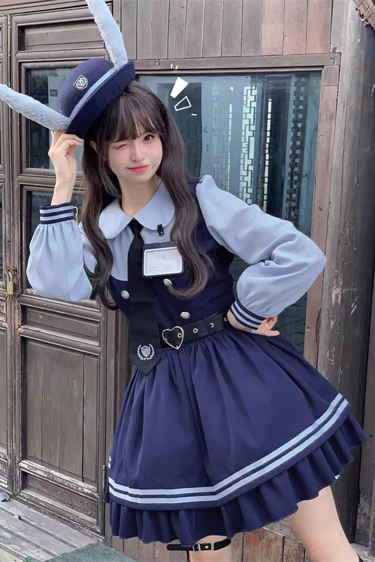 Blue [Rabbit Officer] Long Sleeves Printed Ruffled Faux Two-Piece College Style Sweet Lolita Dress