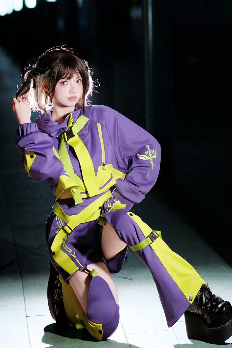 Neon Purple/Green [Zero-Type Transformation] Techwear Long Sleeves Embroidered Hooded Punk Jirai Kei Shorts Coat Set