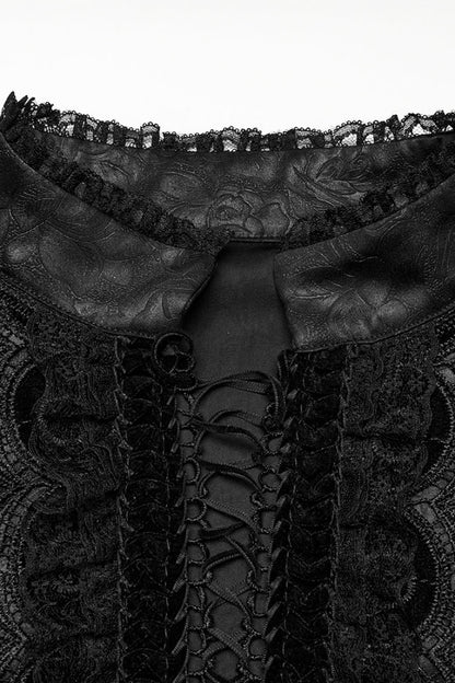 Black Stand Collar Long Sleeves Ruffle Embroidery Lace-Up Plunging Rose Men's Gothic Blouse