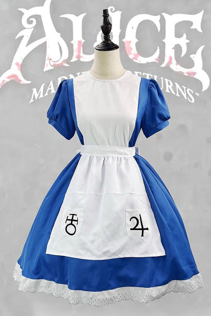 Blue/White [Alice Madness Returns] Short Sleeves Ruffle Sweet Plus Size Lolita Dress Full Set