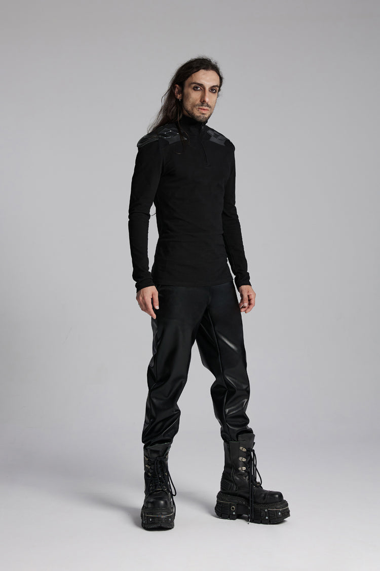 Black Stand Collar Long Sleeves Zip 3D Patch Print Men's Punk T-Shirt