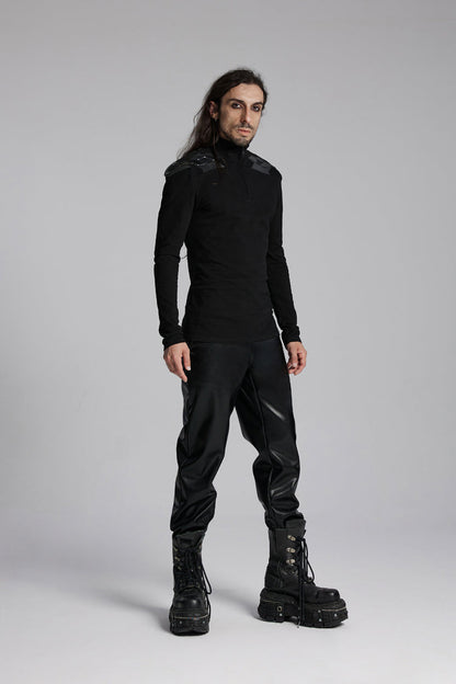 Black Stand Collar Long Sleeves Zip 3D Patch Print Men's Punk T-Shirt