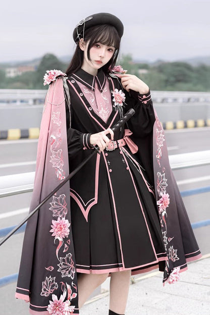 Black/Pink Long Sleeves Ruffle Gothic Military Elegant Princess Lolita Dress