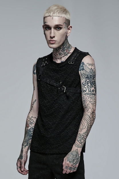 Black Sleeveless Stitching Mesh Buckle Men's Steampunk Vest