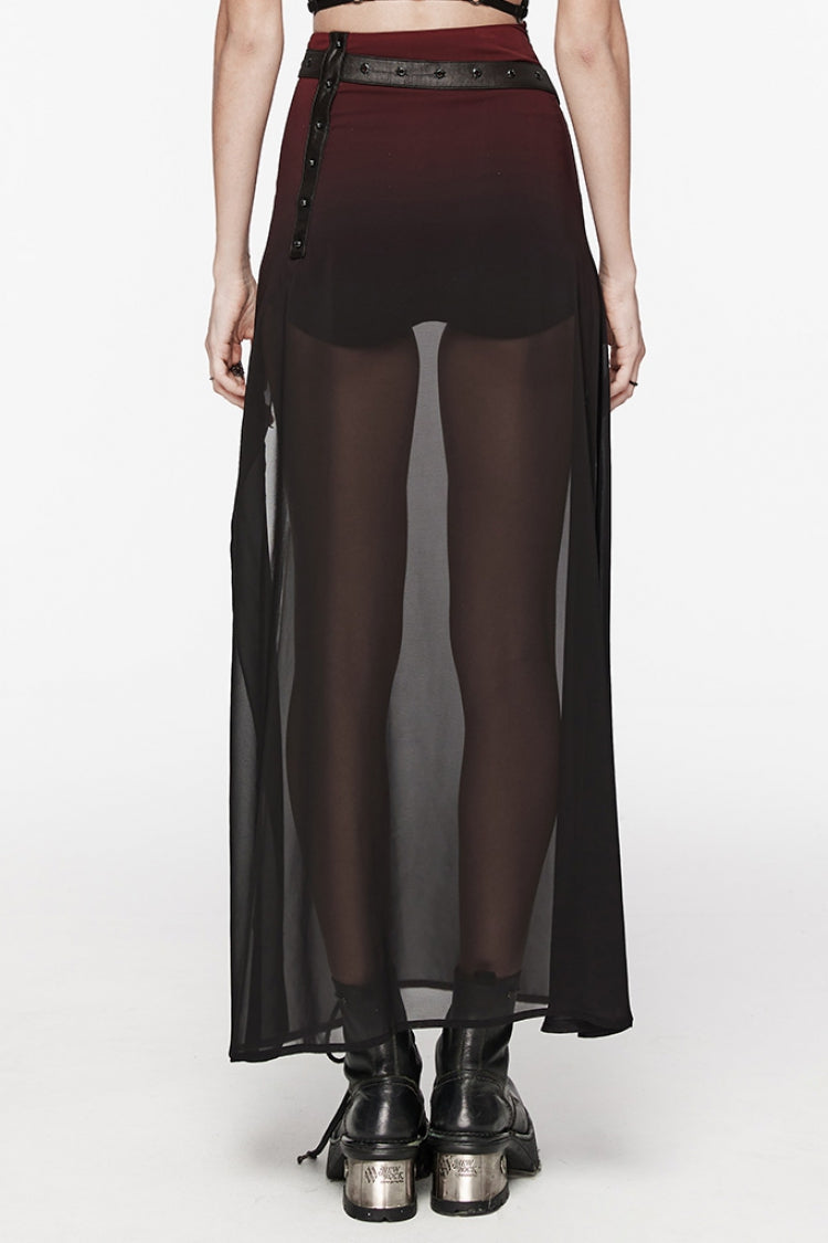 Black/Red Rivet Split Women's Gothic Skirt with Belt