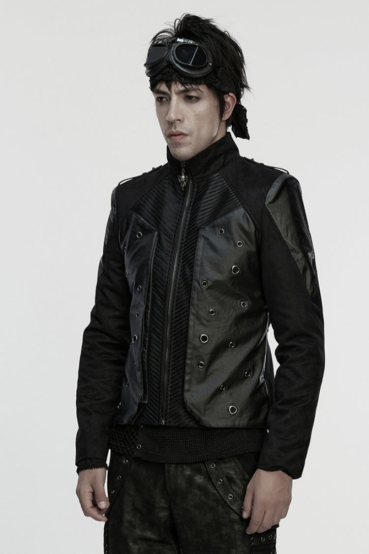 Black Stand Collar Long Sleeves Stitching Zipper Eyelet Men's Punk Jacket