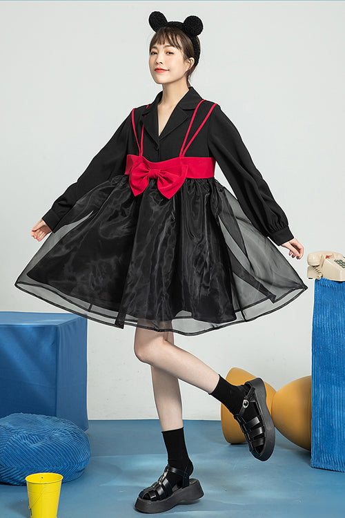 Black Suit Collar Bow Organza Long Sleeves High Waist Sweet Lolita OP Dress