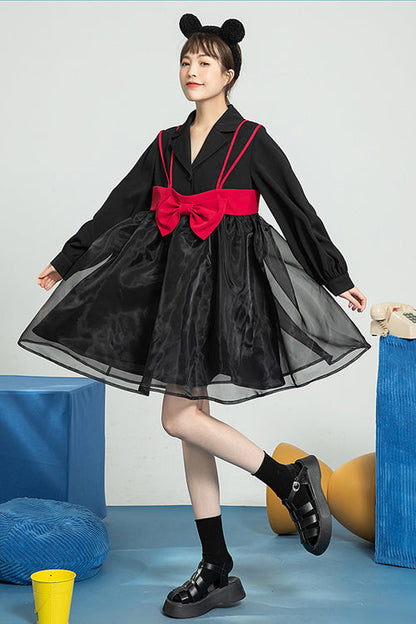 Black Suit Collar Bow Organza Long Sleeves High Waist Sweet Lolita OP Dress
