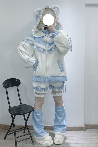 White/Blue [Sweet Star Bear] Long Sleeves Ruffle Hooded Japanese Jirai Kei Sports Coat