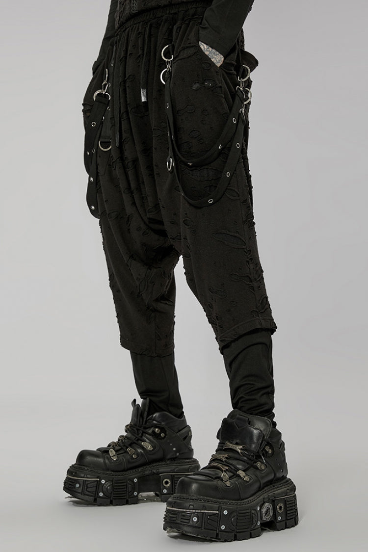 Black Ripped Men's Punk Sagging Pants with Straps