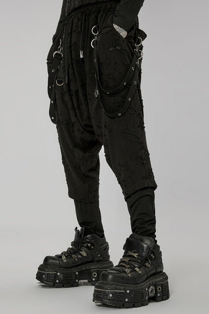 Black Ripped Men's Punk Sagging Pants with Straps